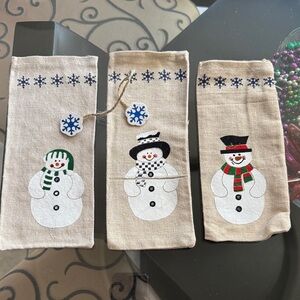 Festive Snowman Canvas Bag Sets - Neutral with Green, Red, Blue, Black Accents